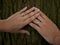 Photo of crossed hands of newlyweds with wedding rings laid on a bark