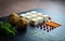 Photo of cubes of tofu in close-up view, with vegetables and soy sauce