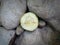 photo of cucumber pieces that fall and are tucked between piles of river stones