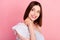 Photo of curious brunette millennial lady hand neck look empty space wear white blouse  on pink color background