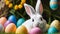 Photo Of Curious, Cute And Funny Easter Bunny Or Easter Rabbit Peeking Behind A Pile Of Painted Decorated Or Ornate. Generative AI