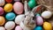 Photo Of Curious, Cute And Funny Easter Bunny Or Easter Rabbit Peeking Behind A Pile Of Painted Decorated Or Ornate. Generative AI