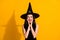 Photo of cute charming young magician lady hands face open mouth excited receive compliment cute costume wear black