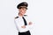 Photo of cute cool pilot lady folded arms look camera wear hat aviator uniform isolated white color background