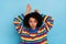 Photo of cute curly hairdo lady hands ears wear pullover isolated on blue color background