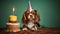 Photo of a cute dog sitting next to a birthday cake