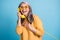 Photo of cute genuine dreamy funny aged lady receiving call from friend get compliment funny conversation laughing jokes