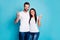 Photo of cute marriage pair showing v-sign symbols wear casual outfit isolated blue background