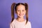 Photo of cute pretty small little girl beaming nice smile good mood isolated on violet color background