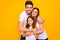 Photo of daddy mommy and little foxy lady having best time wear casual outfit isolated yellow background