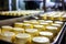 Photo of a delicious assortment of cheeses on a rustic metal tray. Industrial cheese production plant. Modern technologies.
