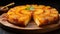 Photo of a delicious homemade pineapple upside down cake on a rustic wooden plate