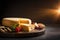 Photo delicious pieces of cheese on a dark background