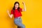 Photo of delighted crazy girl raise fists scream lottery win isolated over vivid color background