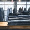 Photo Denim jeans neatly stacked on wooden table amidst mall ambiance