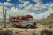 This photo depicts a detailed painting of a food truck located in the middle of a desert landscape, Tex-Mex food truck in a desert