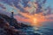 This photo depicts a painting of a lighthouse standing atop a rugged cliff beside the sea, Sunset view of a lighthouse on a rocky