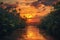 This photo depicts a painting of a vibrant sunset casting its warm hues over a flowing river, Sunset casting warm colors over a