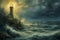 This photo depicts a realistic painting of a lighthouse standing alone in the vast expanse of the ocean, A quiet lighthouse on a