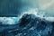 This photo depicts a realistic painting of a powerful wave crashing in the ocean, Binary code depiction of ocean waves, AI