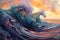 The photo depicts a realistic painting of a powerful wave crashing in the ocean, capturing the dynamic movement of water, A