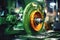 Photo of a detailed shot of a vibrant green machine with contrasting orange wheels. Modern metal processing at an industrial