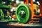 Photo of a detailed shot of a vibrant green machine wheel. Modern metal processing at an industrial enterprise. Manufacturing of