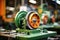 Photo of a detailed view of a vibrant green machine with contrasting orange wheels. Modern metal processing at an industrial