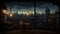 The Photo of a dimly light restaurant interior with background is a night view. concept art