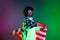 Photo of disco 80s lady wrapped american flag wear earphones specs sweatshirt  gradient green neon background