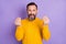 Photo of displeased man hands fingers show money symbol open mouth yell isolated on violet color background