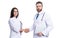 photo of doctor handshaking internist wear white coat. internist and doctor with laptop