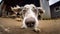 Photo of a dog\\\'s face with a charming barn backdrop