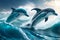 Photo dolphins jumping a wave in the ocean. Generative AI