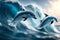 Photo dolphins jumping a wave in the ocean. Generative AI