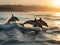 A photo of dolphins playing in the ocean waves at sunrise
