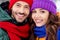 Photo of dreamy adorable girlfriend boyfriend dressed vests smiling cuddling walking snow outdoors forest