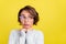 Photo of dreamy stressed lady worried face look empty space wear specs blue pullover isolated yellow color background