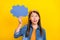 Photo of dreamy thoughtful student girl wear denim shirt smiling looking empty space holding mind cloud  yellow