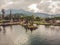 Photo from the drone. Aerial view of Pura Ulun Danu Bratan, Bali. Hindu temple surrounded by flowers on Bratan lake