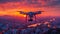 Photo of a drone with a camera flying in the sky at sunset, remote control aerial photography, in the style of 2D