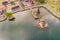 Photo from the drone. panorama. Aerial view of Pura Ulun Danu Bratan, Bali. Hindu temple surrounded by flowers on Bratan