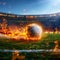 Photo Dynamic shot soccer ball ablaze speeds onto stadium field