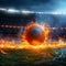 Photo Dynamic shot soccer ball ablaze speeds onto stadium field