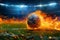 Photo Dynamic shot soccer ball ablaze speeds onto stadium field
