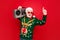 Photo of elderly funny santa man hold vintage tape recorder chilling at youngster party long waited guest wear specs x