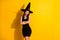 Photo of elegant stunning witch lady cross hands enjoy halloween theme party cross hands wear black skirt isolated over