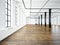 Photo of empty interior in modern building.Open space loft. Empty white walls. Wood floor, black beams,big windows