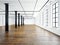 Photo of empty museum interior in modern building.Open space loft. Empty white walls. Wood floor, black beams,big