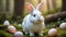 Photo Of Enchanted Easter Woodland, Whimsical White Bunny Amidst A Magical Eggfilled, Est. Generative AI